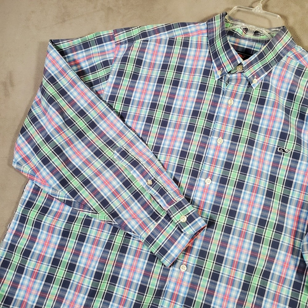 Vineyard Vines Whale Shirt MensXL Blue Green Pink‎ Plaid Preppy Classic